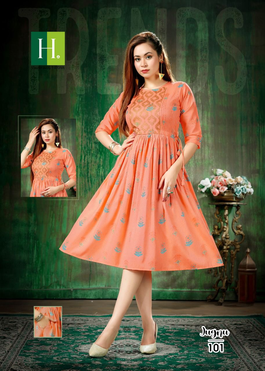 Hirwa Jugnu Latest Designer Ethnic Wear Heavy Foil Print Anarkali Kurti Collection